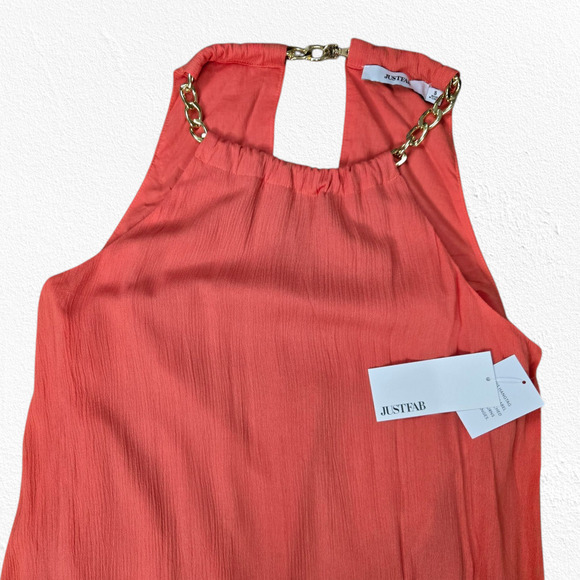 JustFab Coral Pink Boho Sleeveless Chain Halter Chiffon Maxi Dress Size Small - Picture 3 of 11